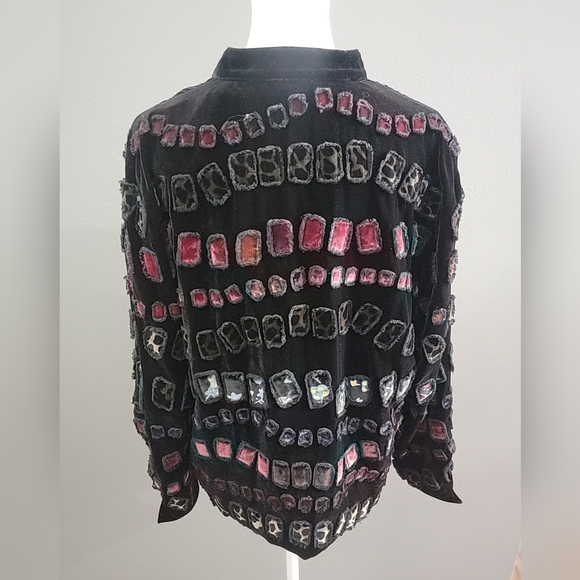 Chicos Silk/Linen Blend Technicolor Velvet Abstract Patchwork Jacket Size 1/Med - Picture 4 of 5